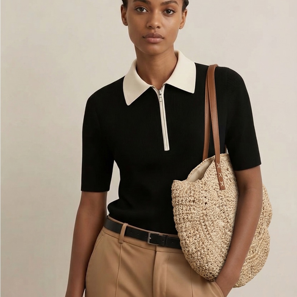 Beige Woven Tote Bag with Brown Straps - Picture 4 of 15